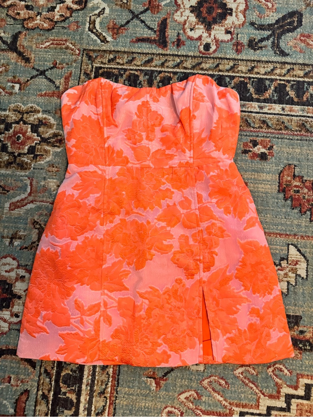Strapless Floral Jacquard Mini Dress in Neon Orange